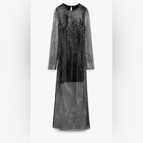 Zara Black Mesh Silver Sequins see through long sleeve maxi dress M - Picture 2 of 8